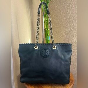 TORY BURCH BLACK LEATHER WHIPSTITCH MARION TOTE